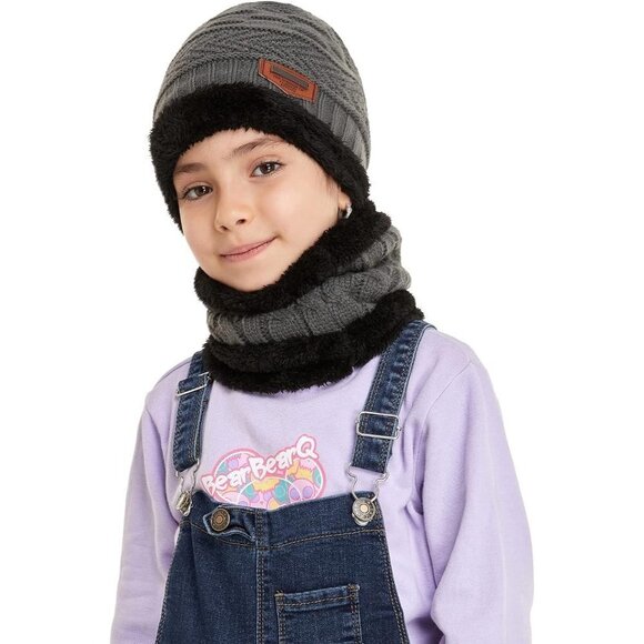 Kids Boys Girls Winter Warm Knit  Beanie Hat Cap Neck Scarf Set with Fleece - Picture 6 of 6